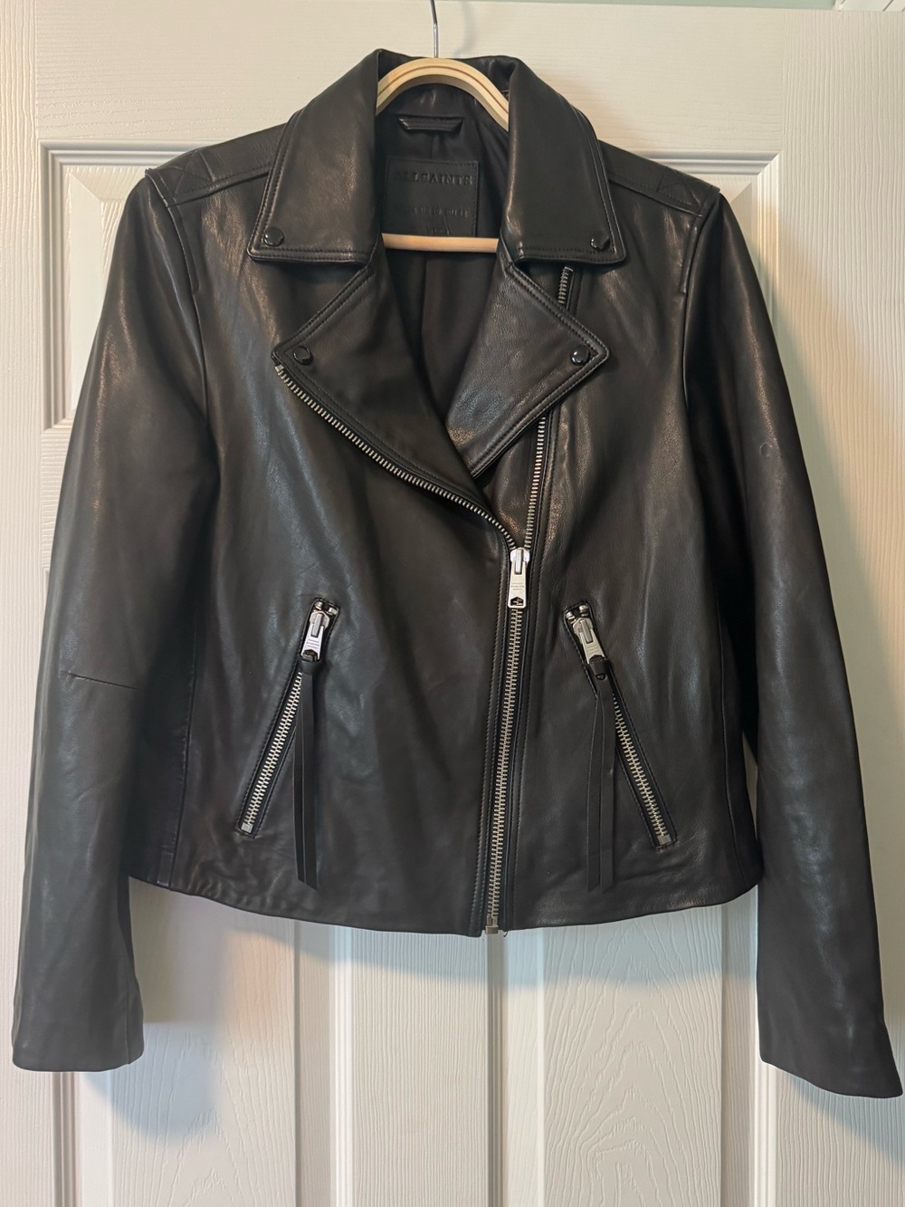 AllSaints Dalby Black Lamb Leather Moto Lined Jacket Size 10 Excellent Condition